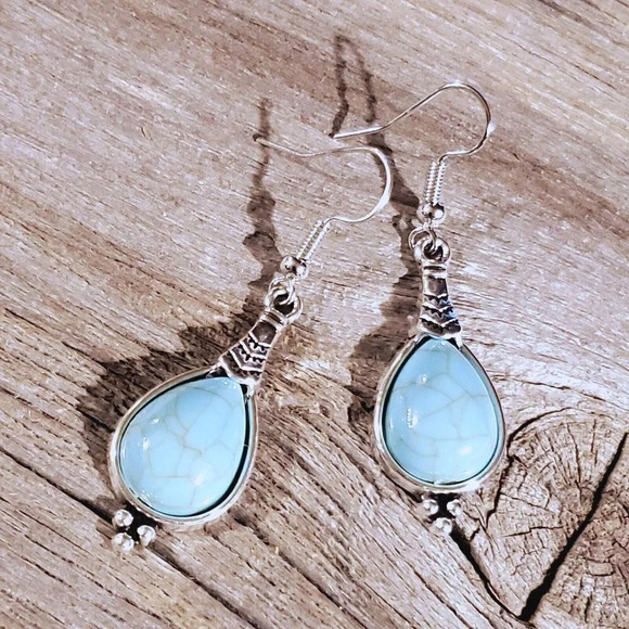 Tribal Style Teardrop Turquoise Stone Silver Dangle Earrings - Picture 1 of 6